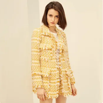 

2020 Autumn Winter Long Tweed Jacket Coat Runway Luxury High Quality Cotton Wool Overcoat Fringe Blazer Female Woolen Clothes