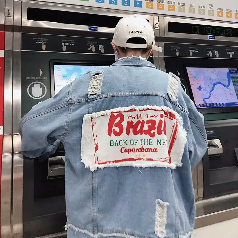 

Zogaa Brand New Men's Denim Jacket Spring Autumn Cool Streetwear Hole Jacket Cowboy Jean Coats Casual Loose Solid Letter Outwear