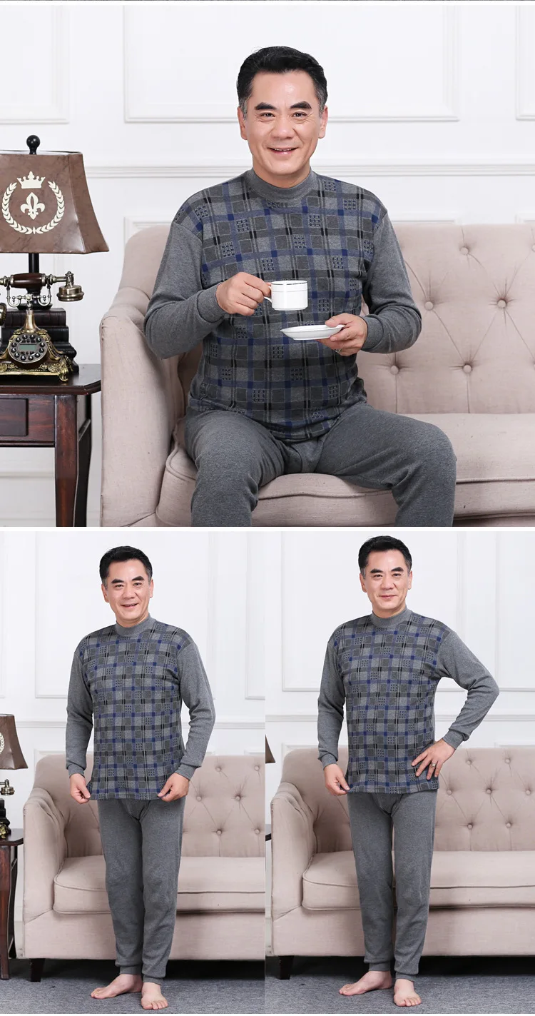 Middle-aged and old men's cotton thermal underwear for father's warmth underwear suit merino wool long underwear