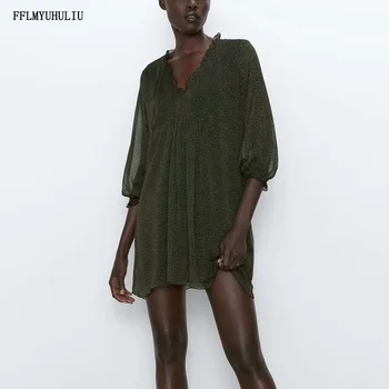 

Autumn new fashion ladies chiffon dress V-neck ruffled long-sleeved black print dress loose short casual dress