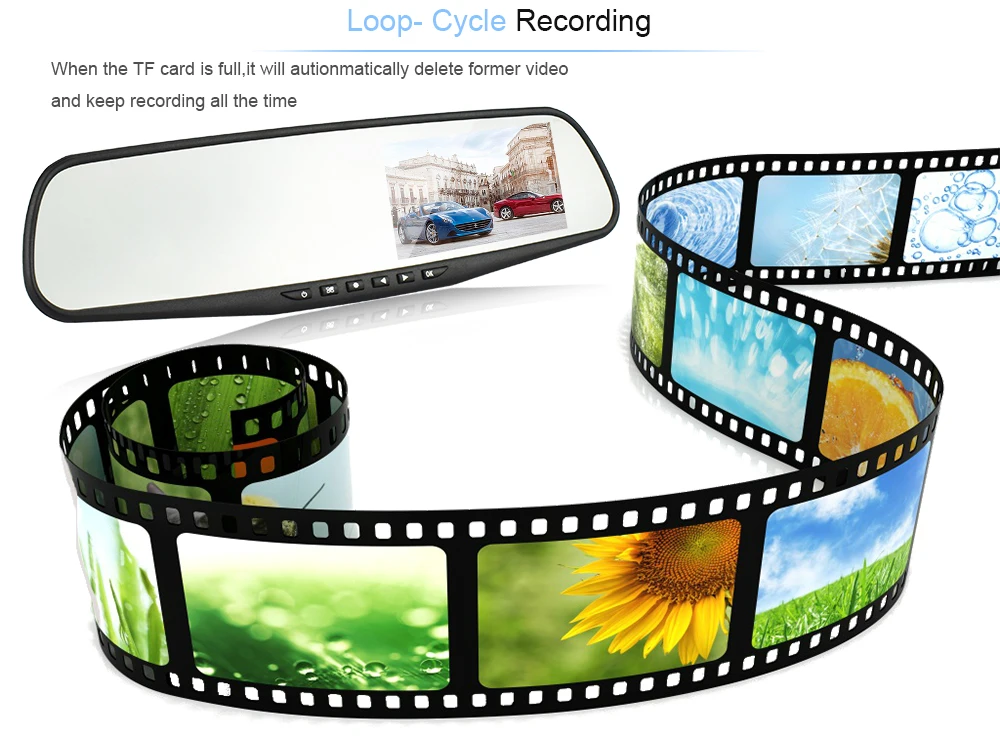 Видеорегистраторы для автомобилей 4,3 дюймов Экран белый Зеркало заднего вида 24-часовой мониторинг G-Экран Авто Регистраторы Двойной объектив Hd 1080p Dash Cam видеокамера