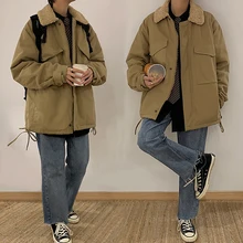 Новинка, японский Зимний Большой размер, простой большой меховой воротник, Harajuku тренд, свободная версия, мужское толстое повседневное хлопковое пальто