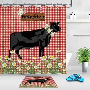 

Spring Daisies Cattle Cow Red Plaid Pattern Shower Curtain Decoration Durable Waterproof Polyester Fabric Bathroom Bath Curtain