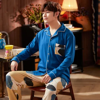 

Autumn and Winter Men's New Cotton Pajamas Casual Loose Large Fleece Pyjama Men Comfortable Size Men's Cardigan Two-piece Suit