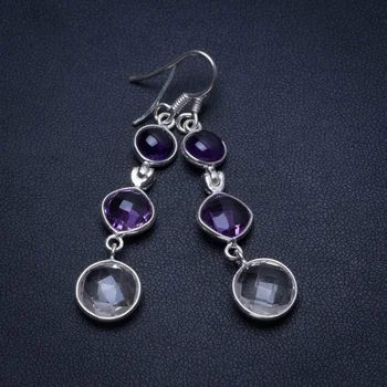 

Natural White Topaz and Amethyst Handmade Vintage 925 Sterling Silver Earrings 2" T4975