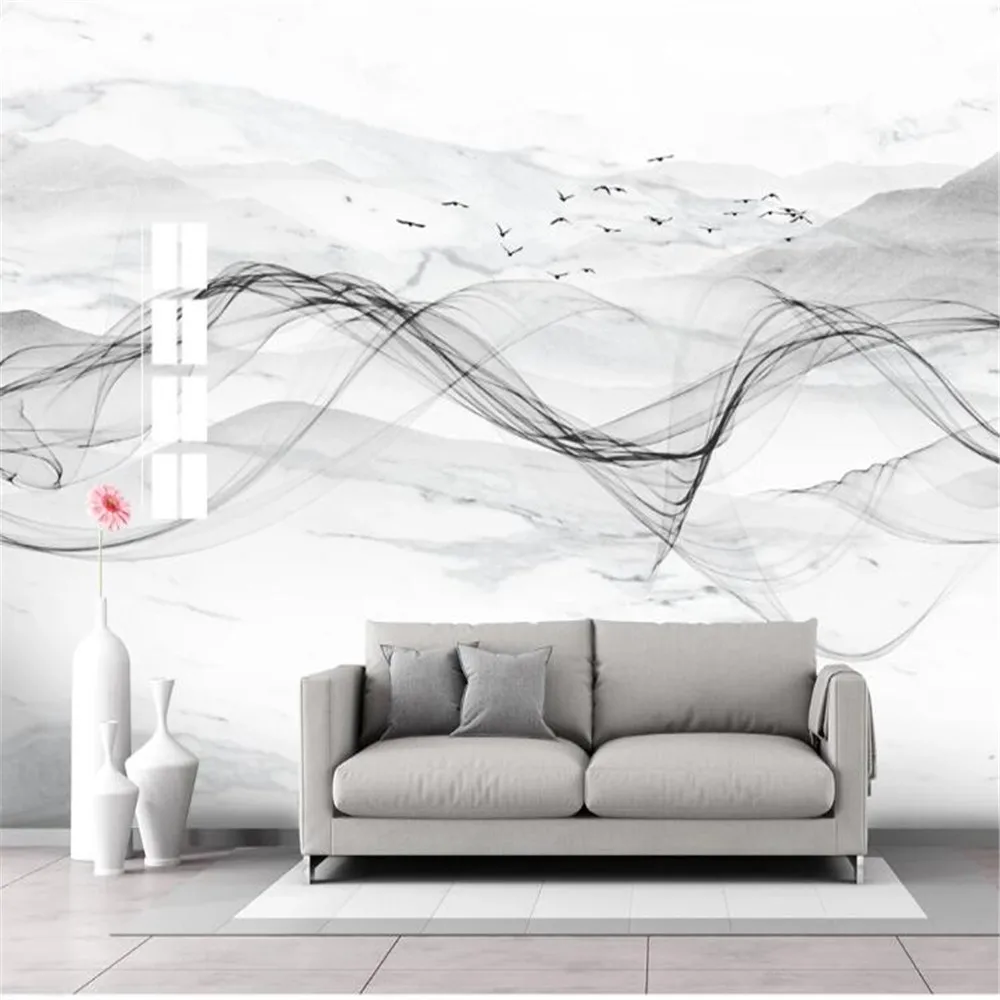 Milofi custom 3D large wall paper HD jazz white marble pattern ink landscape new Chinese background wall painting
