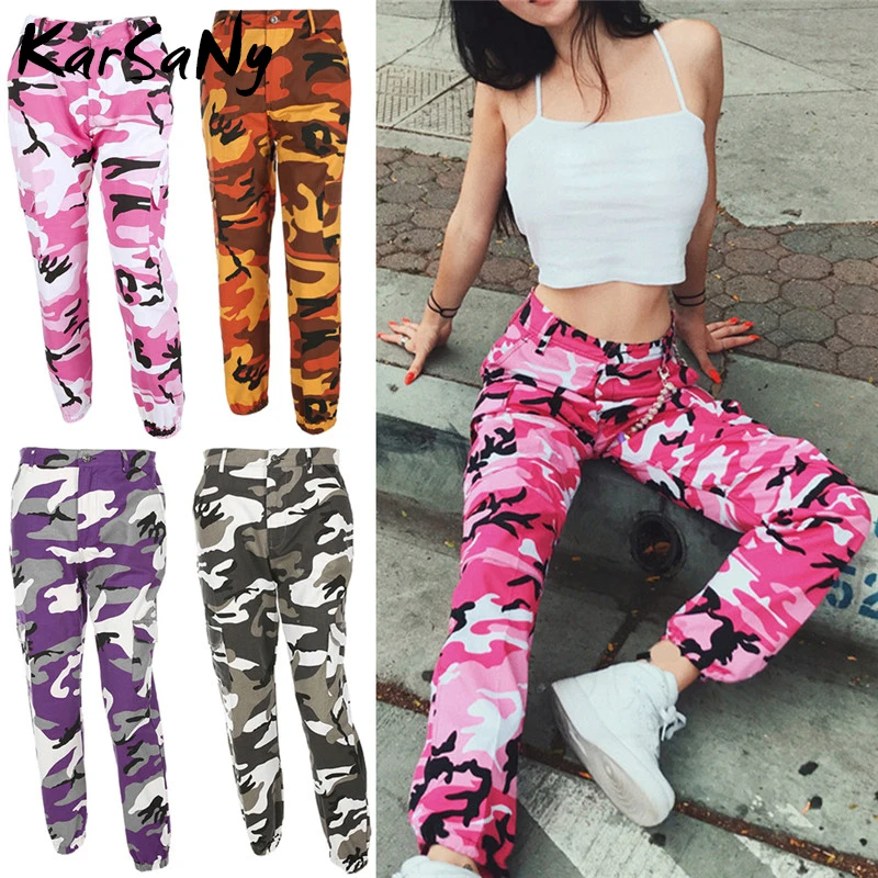 KarSaNy-pantalones de camuflaje para mujer, Pantalón Cargo militar, color rosa, naranja, Harem, informal AliExpress