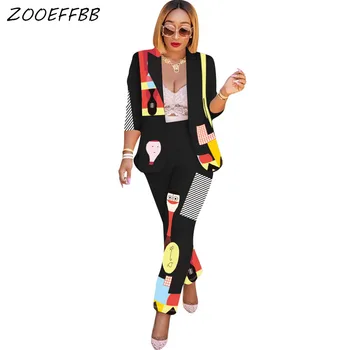 

ZKYZWXRandom Print 2 Piece Outfits for Women Fall Winter Clothing Long Sleeve Blazer Coat Pant Suit Two Piece Matching Sets