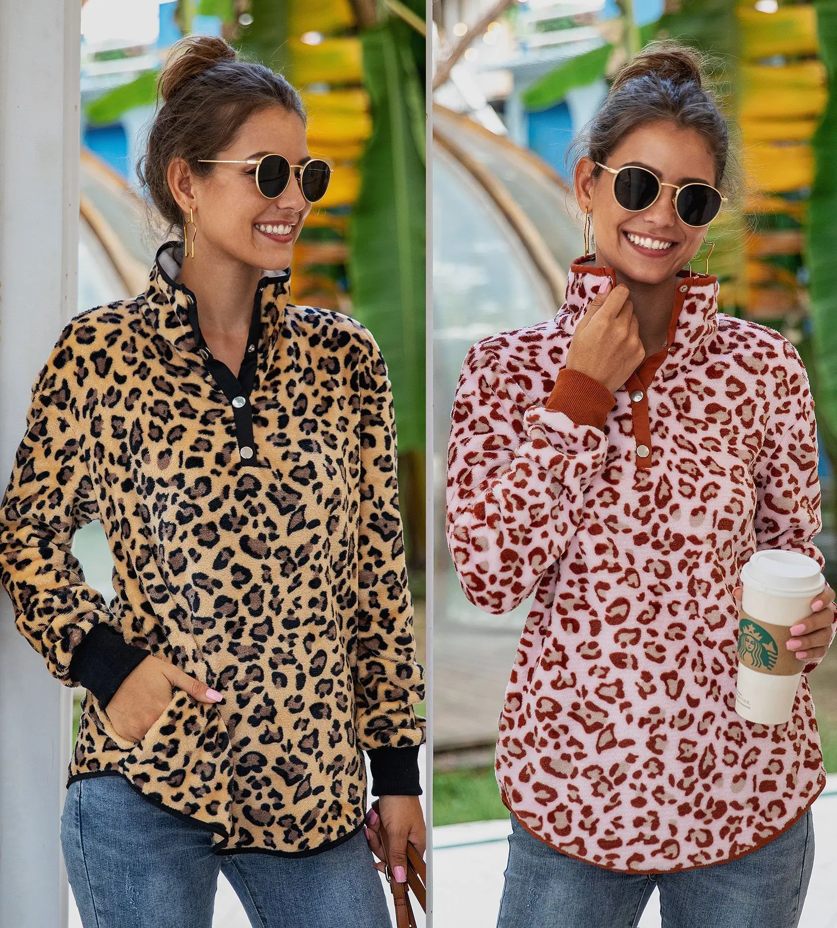 

Winter 2020 New Stand-neck Button-down Casual Leopard-print Sports Shirt with Pockets Warm and Loose Hoodie Women's Street Wear