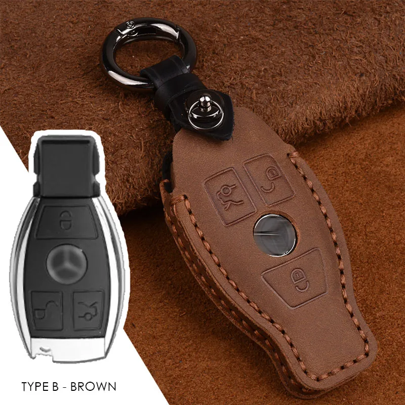 Чехол из натуральной кожи для ключей для автомобиля, Чехол-держатель, сумка для дистанционного ключа для Mercedes Benz C Class C200L GLC260 GLA200 GLE320 GLS400 - Название цвета: Type B - Brown