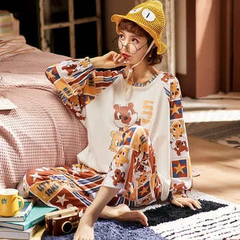 

Autumn Pajamas Ladies Long-sleeved Pullover Cotton Home Wear Casual Casual Loose Round Neck Suit Two Piece Set for Women Pajamas