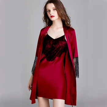 

Casual Satin Kimono Robe Gown Female 2PCS Nighty&Robe Set Lace Patchwork Sleepwear Nightgown Sexy Intimate Lingerie Homewear