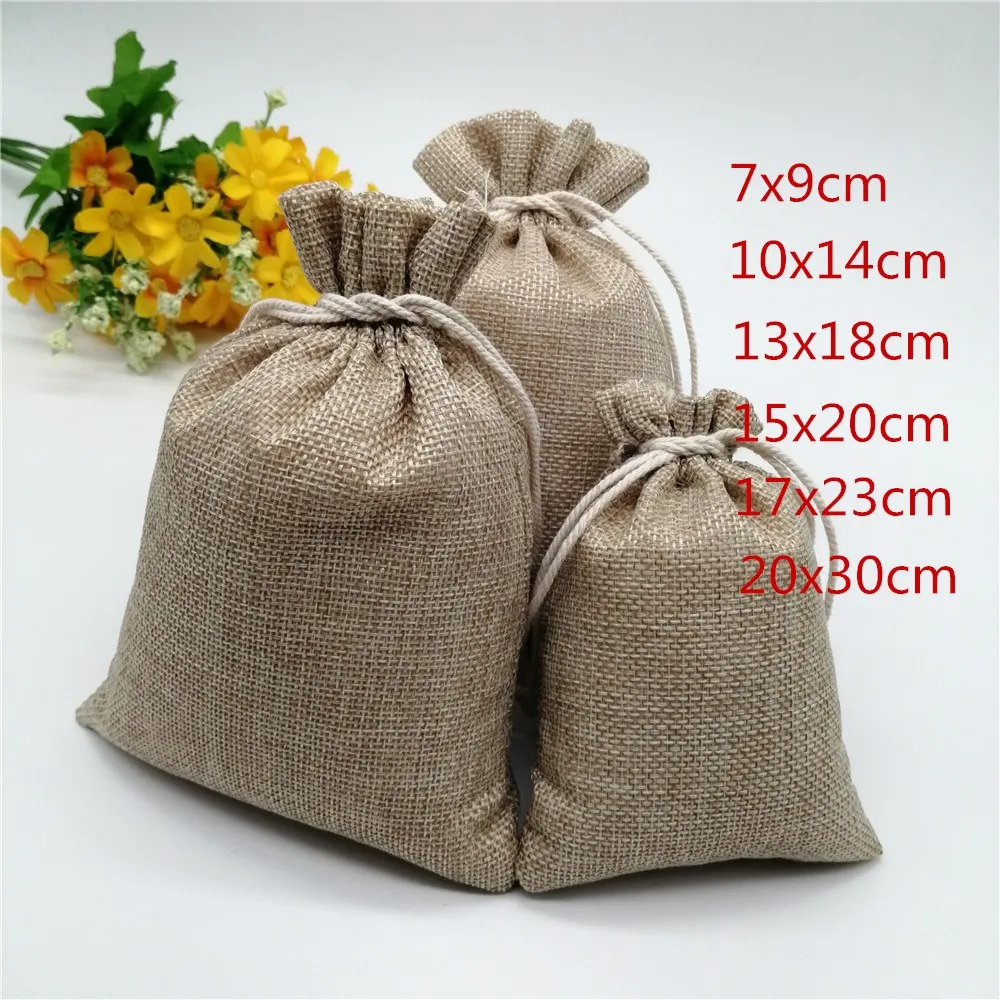 

2-5pcs 6 sizes Linen Jute Drawstring Gift Bags Wedding Party Favor Candy Bag Vintage Burlap Gift Packaging Bags Jewelry Pouches