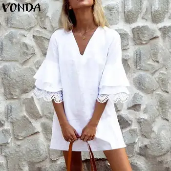 

VONDA 2020 Summer Dress Women Vintage Hollow Half Fare Sleeve Ruffle Mini Dress Work Sundress Plus Size Party Vestidos S-5XL