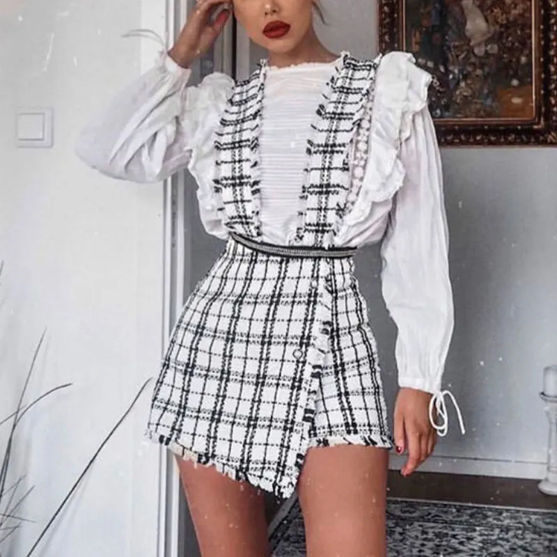 

Mossha Asymmetry Vintage High waist tweed skirts womens 2019 autumn winter Fringe strap button culottes female Sexy party skirt