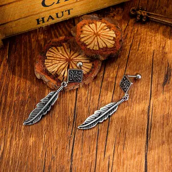 

Vintage simple stainless steel feather pendant earrings Summer Retro style Feather earrings