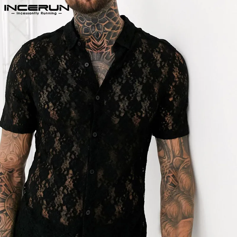 Shirt Short-Sleeve Lace Party Transparent INCERUN Blouse Summer Mesh Lapel Slim Solid