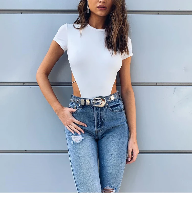 Mono de tirantes con Espalda descubierta, camisa Sexy de color sólido, cuello redondo, manga corta, ajustada, para club, novedad de 2020, envío directo