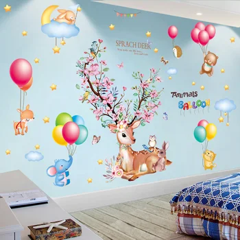 

[SHIJUEHEZI] Deer Animal Wall Stickers DIY Balloons Clouds Wall Decals for House Kids Rooms Baby Bedroom Nursery Decoration