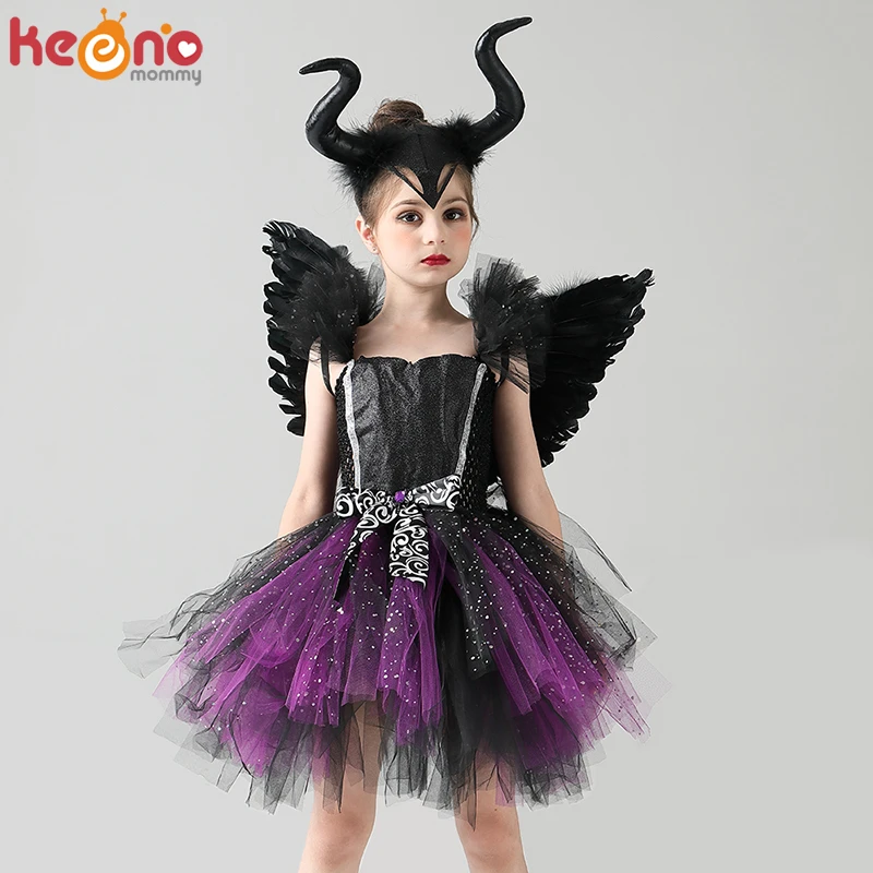 Vestido de tutú de bruja de hada oscura para niñas, disfraz de fiesta de  Halloween con cuernos y alas brillantes, disfraz de diablo malvado| | -  AliExpress