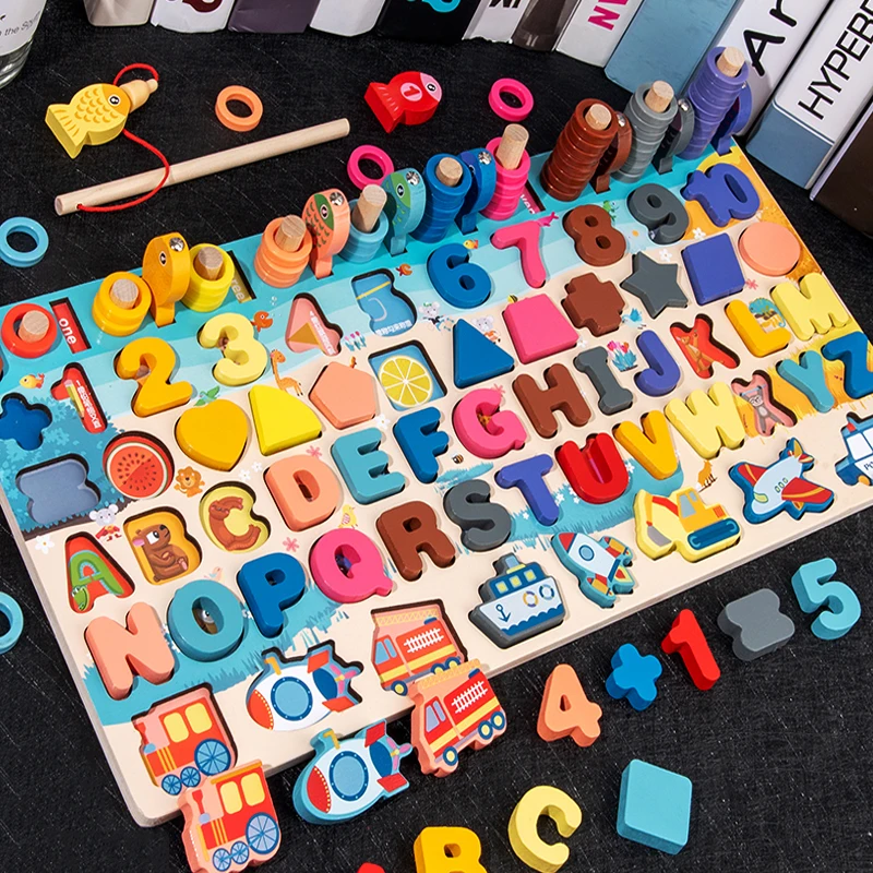 

QWZ New Montessori Educational Wooden Toys For Kids Board Math Fishing Count Numbers Digital Shape Match Child Gift Puzzle Toy