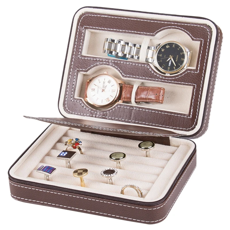 

Watch Box Lint Portable Zipper Faux PU Leather Jewelry Display Container Storage Holder