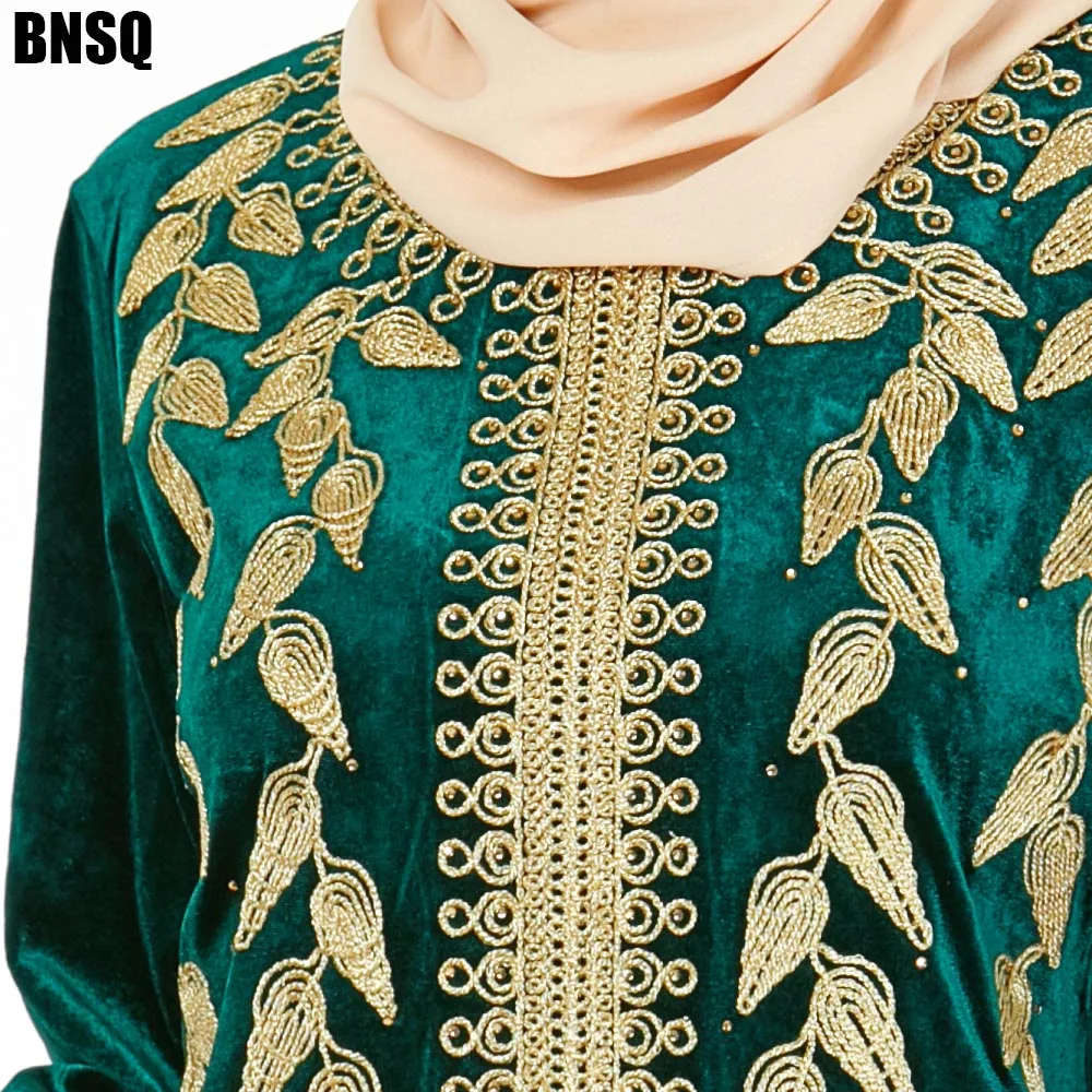 BNSQ макси платья бархат с длинными рукавами и золотым вышивкой Абая, для мусульман кафтан марокканские Турция индийские платья Пакистанская Ома хиджаб Dres
