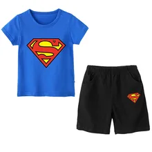 Футболка с суперменом; топы с героями мультфильмов; комплект одежды для маленьких мальчиков; летняя детская одежда для мальчиков; шорты; костюм из двух предметов для детей; повседневная одежда
