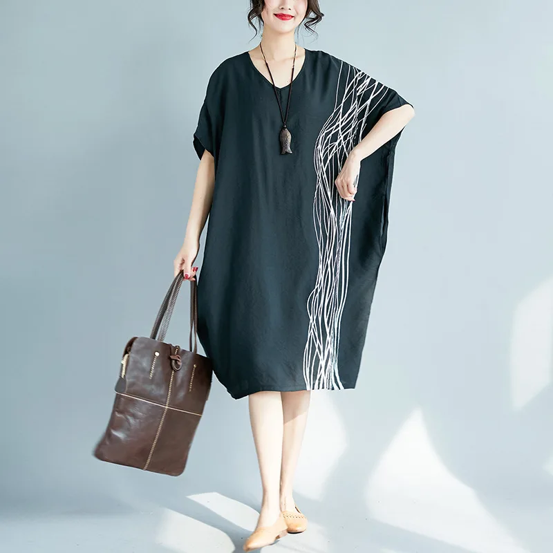 

Photo Shoot 2019 Summer Wear New Style Large Size Loose-Fit Fat Mm 200 Printed Bat Sleeve Dress Women's