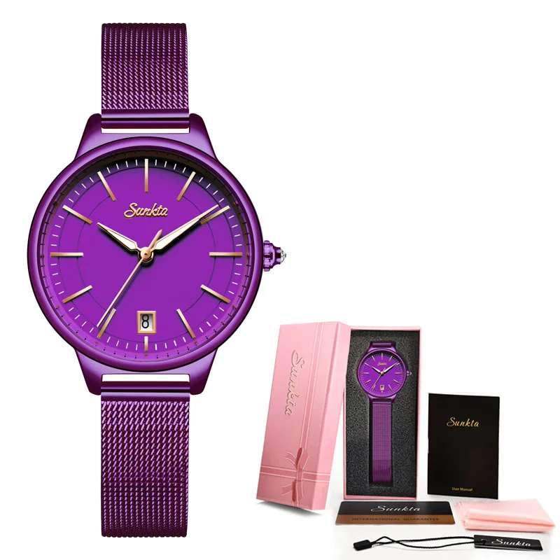 Purple SUNKTA женские наручные часы с ремешком-сеткой из нержавеющей стали, водонепроницаемые женские деловые Аналоговые часы с синим циферблатом - Цвет: Purple