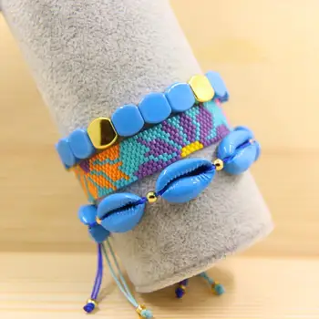 

Stacked beads bracelet set ,Enamel shell bracelet,Handmade Woven bracelet,Blue Tila Tile Stretch Bracelet ,Birthday gift.