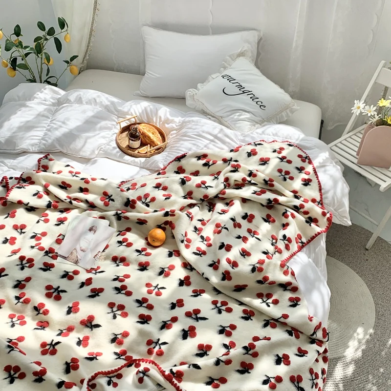 

Cherry Strawberry Series Blanket Wool Fleece Blended Three-Dimensional Jacquard Blanket Soft Warm Throw Shawl Blanket 1 pcs