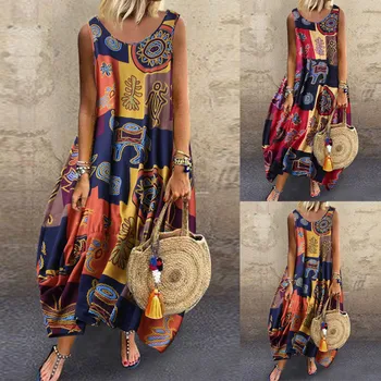 

2020 Women Bohemian Maxi Long Dress Summer Vintage Floral Print Cotton Linen Tanks Vestido Casual Sundress Vest Dresses Robe #C2