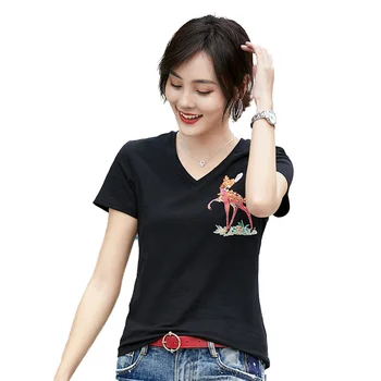 

Drop Shopping Women Summer High Fashion Sexy V Neck Handmade Beading Cotton Solid T Shirt Top Ladies Casual Animal Printed Shirt