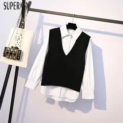 SuperAen/2019 новые осенние женские комплекты большого размера, модная женская рубашка с длинными рукавами, повседневный Дикий без рукавов
