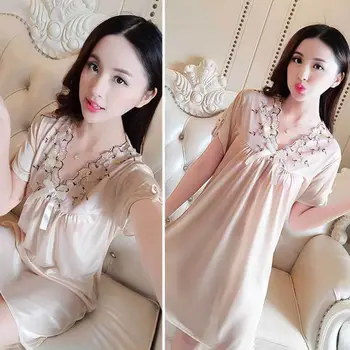

*Summer Women Solid Color Sexy Lace Bow Plain Night Dress Short Sleeve Nightdress Lingerie Ice Silk Home Clothing Knee Dress!!
