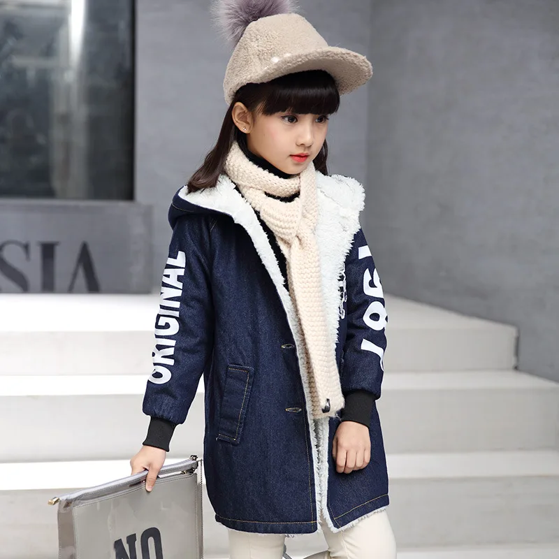

2019 New Style Childrenswear Girls' Jean Jacket Winter Style Back GIRL'S plus Velvet Korean-style Big Boy Tops Children Fashion