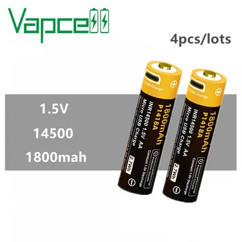 

4pcs Vapcell Original 14500 AA 1.5V 1800mah battery button top USB Rechargeable li ion Batteries for flashlight power tools