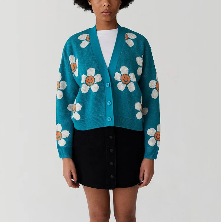 

WoMen Floral Printing Knitted Sweater Female Loose Casual Sweater Print V-Neck Knitwear Sweater Cardigan