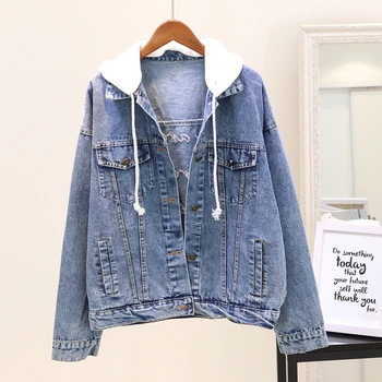 

Fashion Hooded Denim Coat Women 2020 Spring Autumn Letter Embroidery Jean Jacket Female Student Loose Jeans Jackets Basic Coats
