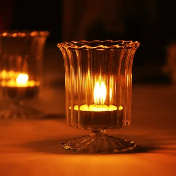 

Simple Cup-shaped Transparent Glass Striped Candlestick Romantic Dinner Home Decoration