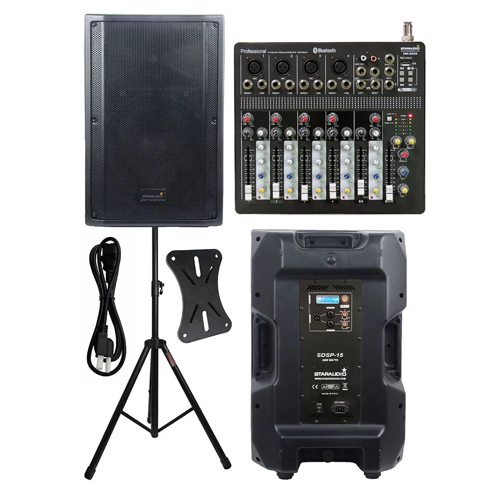 

STARAUDIO 4500W 15" DJ Powered Active Stage DSP Speaker PA Stand 6 Channel USB MP3 KTV Club Stage Party Bluetooth Mixer SDSP-15