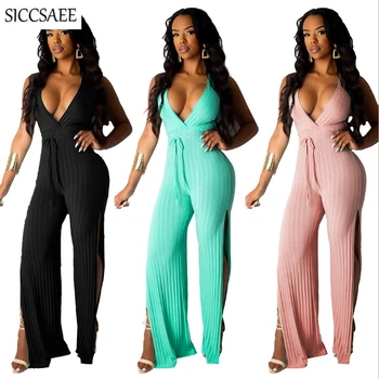 

Backless Knitted Jumpsuits For Women 2019 Summer Side Split Wide Leg Palazzo Pants Deep V Neck Rompers Sexy Loose Mono Mujer