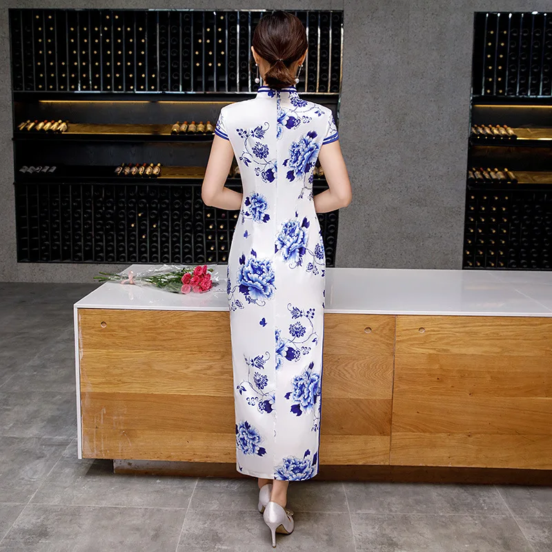 Sheng Coco сине-белое китайское платье Qipao Cheongsam женская Роба в восточном стиле длинное Современное женское шелковое банкетное Ципао китайское платье