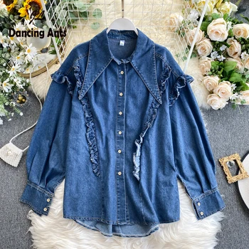 

Woman Jeans Coat Long Sleeve Turn-down Collar Denim Coat Vintage Solid Ruffles Office Lady Single Breasted Female Denim Outwear