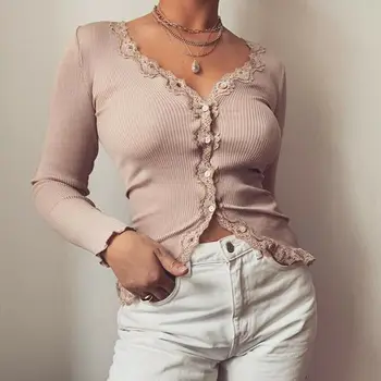 

Vintage Sweater Womens Floral Ruched Button V-Neck Knitted Cardigans Long Sleeve Spring Sweaters Solid Slim Knit Tops