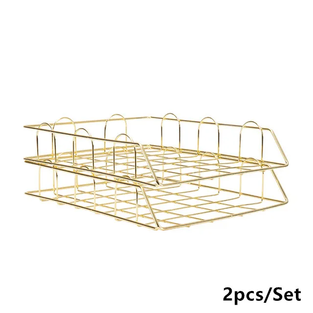 2pcs Gold Baffect офисный Штабелируемый Органайзер, полка для хранения книг, А4, бумага, файл, журнал, железные настольные полки для хранения, стойка, держатель - Цвет: 2pcs Gold