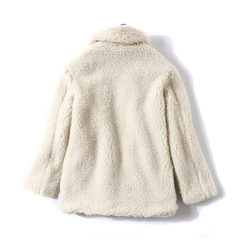 B1137 Fold-down Collar Long Sleeve Thick Warm Lambs Wool Coat