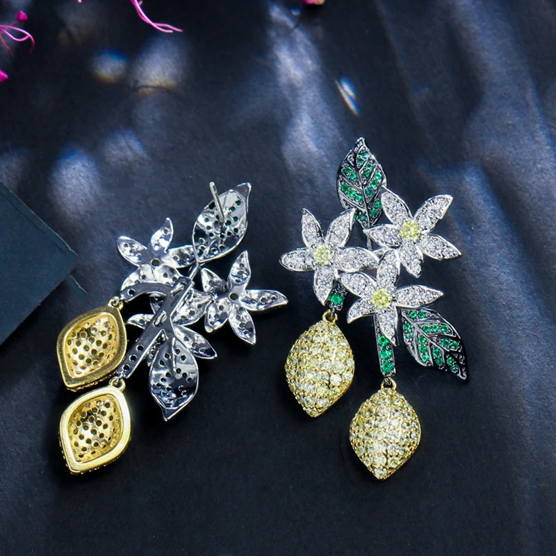 BeaQueen Luxury Designer Yellow Green Cubic Zircon Leaf Flower Hanging Drop Earrings 3 Tones Black Gold Color Boho Jewelry E377