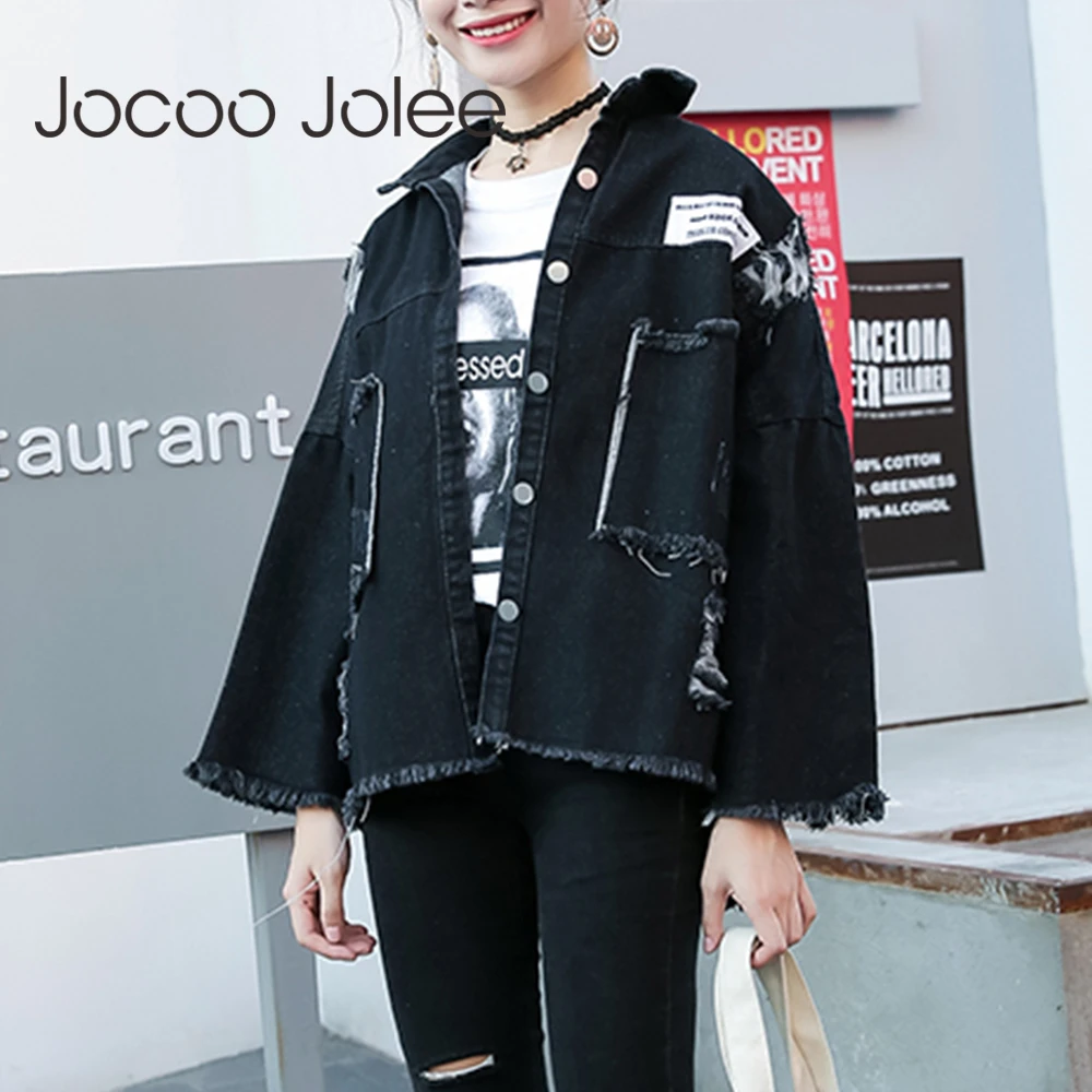 Женские осенние модные куртки Jocoo Jolee с нашивками черные джинсовые в стиле Bf